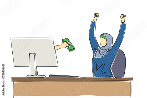 Single one line drawing hands out of the monitor screen while holding a stack of banknotes. Fast return on investment. Focus on profit. Things from Screen. Continuous line design graphic illustration