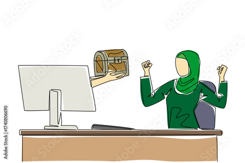 Single continuous line drawing hands out of the monitor screen while holding a treasure chest. Doing business and adventure for unique things. Things from Screen. One line design vector illustration