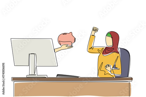 Single continuous line drawing hands out of the monitor screen while holding a piggy bank. Get additional capital for business expansion. Happy. Things from Screen. One line design vector illustration
