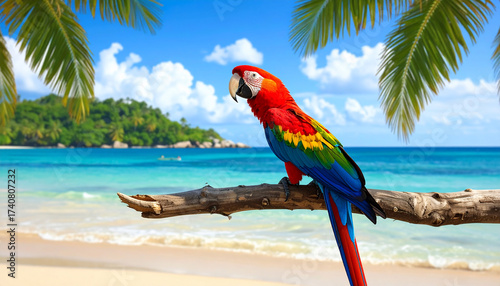 Scarlet Macaw on Tropical Beach