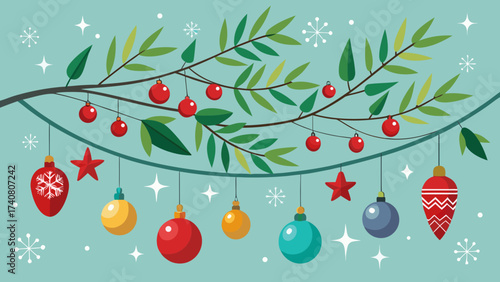 Vector art of charming christmas branch adorned with red ornaments, stars, and snowflakes, creating a delightful holiday atmosphere