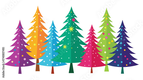 Vector art of a vibrant group of colorful christmas trees, each uniquely decorated, creates a joyful and festive holiday forest scene
