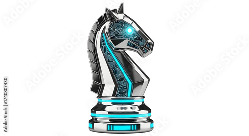 Futuristic Digital Chess Knight with Cybernetic Design in Silver and Blue on White Background