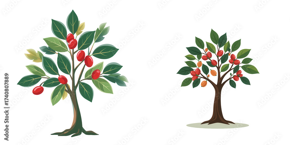 Obraz premium Colorful Fruit Trees with Leaves and Bright Berries in a Garden
