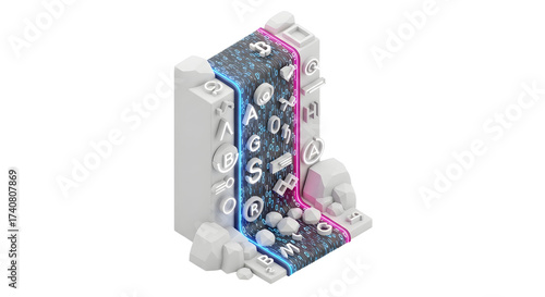 Futuristic Digital Data Stream Flowing Through 3D Virtual Machine with Letters and Binary Codes