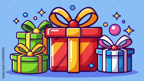 Vector art of a delightful assortment of vibrant gift boxes adorned with ribbons and bows, ideal for commemorating birthdays, holidays, and special moments with happiness