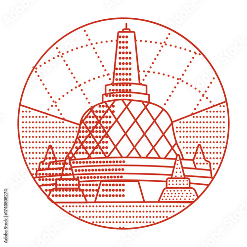 An outline style illustration depicting borobudur temple