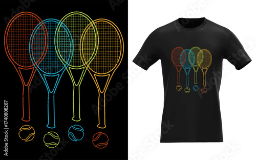 Cool tennis rackets and balls design for t shirts for women men and kids