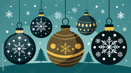 Vector art of a charming scene of christmas ornaments hanging against a teal backdrop, perfect for adding a festive touch to holiday designs and greetings