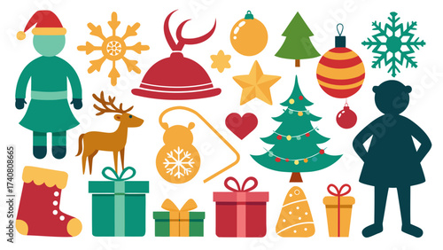 Vector art of colorful christmas icon set, featuring festive elements like trees, ornaments, gifts, and characters for holiday designs