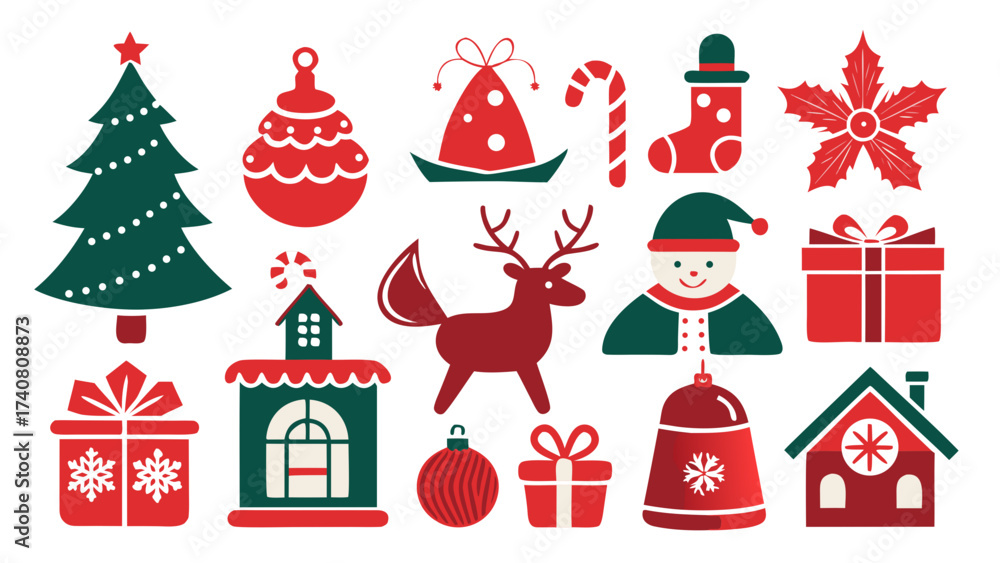 Fototapeta premium Vector art of a set of festive christmas icons in red and green featuring a christmas tree, reindeer, snowman, gifts, and other holiday elements
