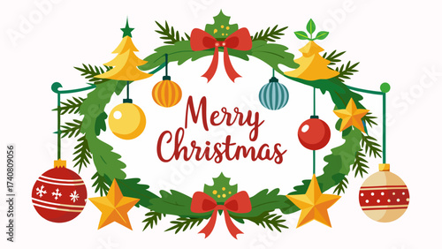 Vector art of festive merry christmas wreath, decorated with ornaments, stars, and bows for seasonal greetings