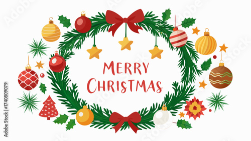 Vector art of merry christmas wreath, adorned with ornaments, stars, and a festive bow, perfect for holiday greetings