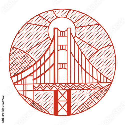 A linear style illustration representing golden gate