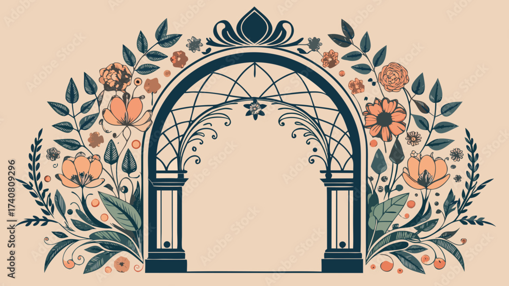 Obraz premium Vector art of decorative floral archway with blooming flowers and foliage for invitations and ornamental designs