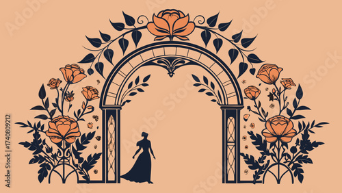 Vector art of silhouette of a woman walking through a floral archway, creating a romantic and whimsical scene