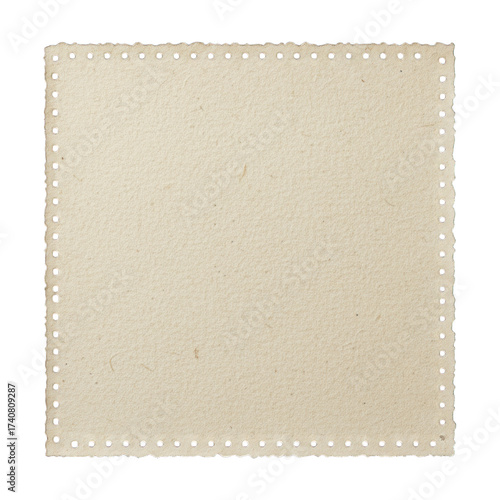 Blank square textured cream paper with a perforated edge, isolated on black background