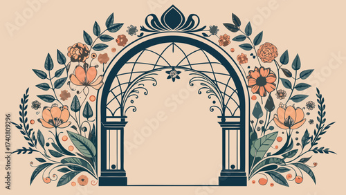 Vector art of decorative floral archway with blooming flowers and foliage for invitations and ornamental designs