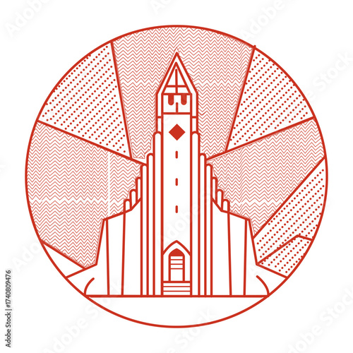 An outline style illustration depicting hallgrimskirkja
