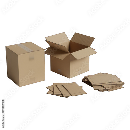 Brown cardboard boxes one closed, one open, and flattened pieces on a black background