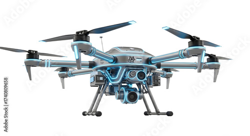 Futuristic Military Drone with Multiple Rotors and Advanced Sensors in White Background