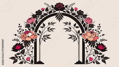 Vector art of elegant floral arch with roses, perfect for wedding invitations and romantic designs, adding a touch of natural beauty and sophistication to any project