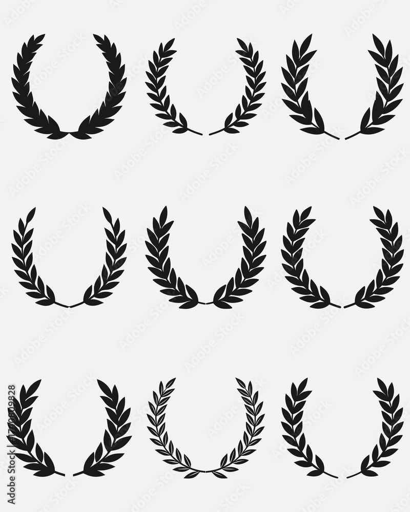 Obraz premium Set of wreaths and branches with leaves. Hand drawing laurel wreaths and branches collection. Laurels wreaths, swirls, twigs and flower ornaments .Black Laurel Wreath Vector Graphic on White Backgroug