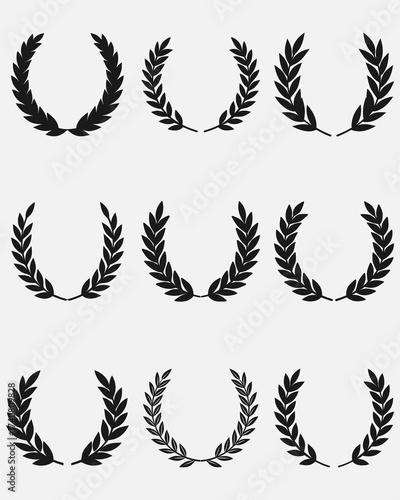 Set of wreaths and branches with leaves. Hand drawing laurel wreaths and branches collection. Laurels wreaths, swirls, twigs and flower ornaments .Black Laurel Wreath Vector Graphic on White Backgroug