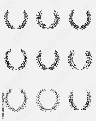 Set of wreaths and branches with leaves. Hand drawing laurel wreaths and branches collection. Laurels wreaths, swirls, twigs and flower ornaments .Black Laurel Wreath Vector Graphic on White Backgroug