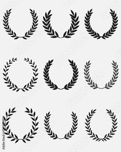 Set of wreaths and branches with leaves. Hand drawing laurel wreaths and branches collection. Laurels wreaths, swirls, twigs and flower ornaments .Black Laurel Wreath Vector Graphic on White Backgroug