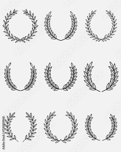 Set of wreaths and branches with leaves. Hand drawing laurel wreaths and branches collection. Laurels wreaths, swirls, twigs and flower ornaments .Black Laurel Wreath Vector Graphic on White Backgroug
