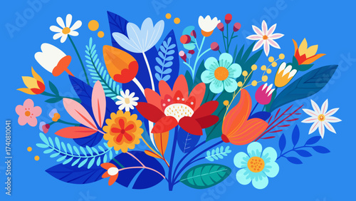 Vector art of vibrant floral arrangement featuring a variety of colorful flowers and lush foliage, creating a cheerful and eyecatching botanical composition