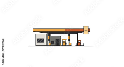 Minimalist Gas Station Illustration with Orange and Brown Canopy.
