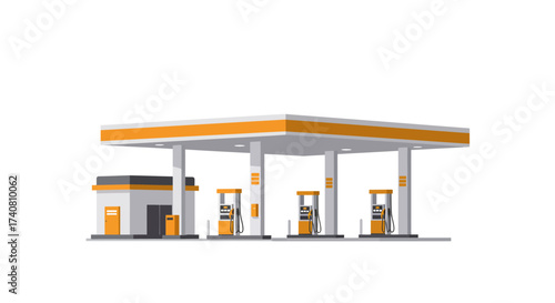 Modern Gas Station with Orange Accents and Pumps.