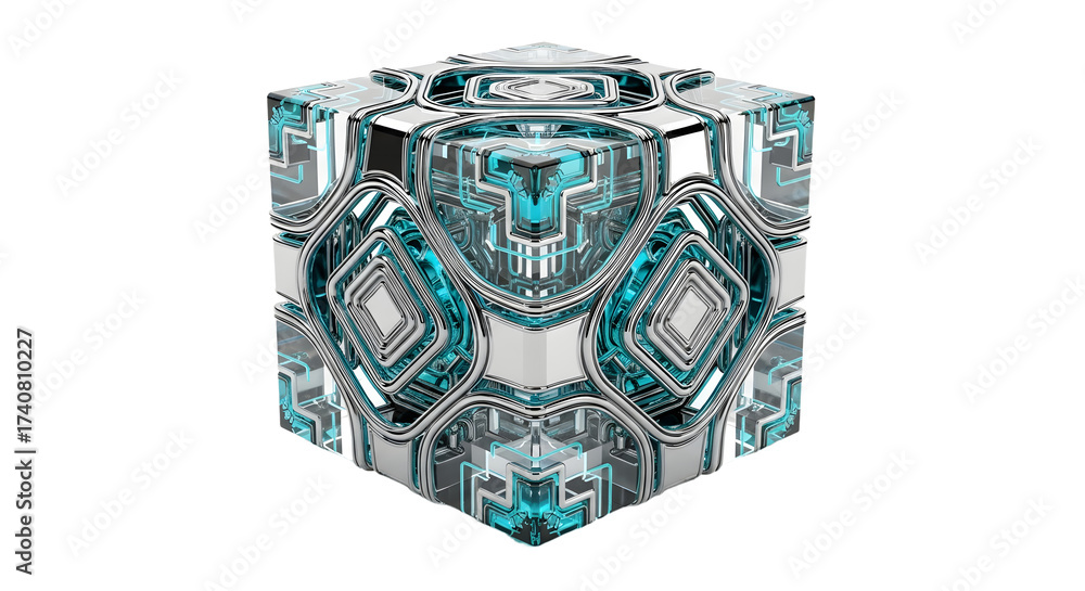Fototapeta premium Futuristic Sci-Fi Style Geometric Cube with Neon Blue Highlights on White Background