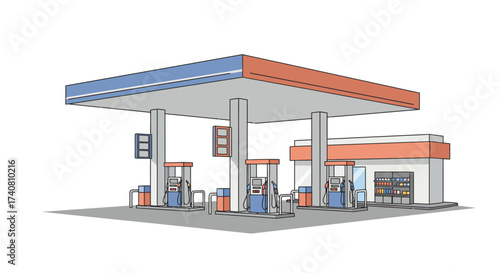Cartoon Gas Station with Pumps and Convenience Store.