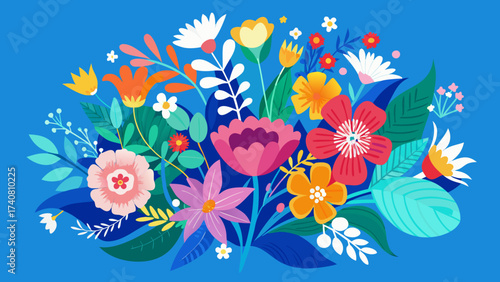 Vector art of colorful floral bouquet on a blue background, a vibrant arrangement of various flowers and leaves in a flat vector style