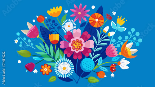 Vector art of colorful floral bouquet illustration featuring a variety of flowers and leaves in vibrant shades on a blue background for a cheerful and lively design