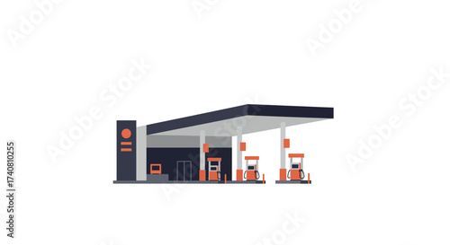 Modern Gas Station with Pumps and Canopy.