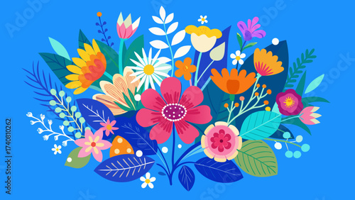 Vector art of vibrant floral bouquet illustration showcasing a diverse array of colorful flowers and lush foliage on a blue backdrop for a lively and eyecatching design