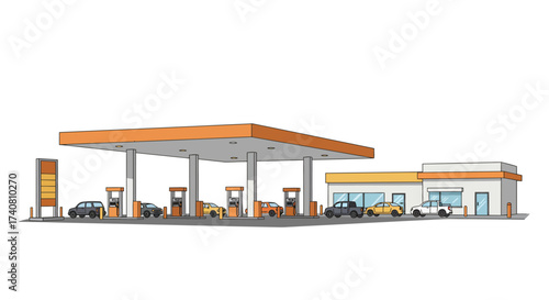 Gas Station with Cars and Orange Canopy Illustration.