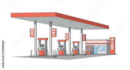 Illustrated Gas Station with Red Accents and Multiple Pumps.