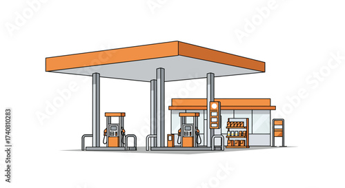 Orange and Gray Gas Station Illustration with Pumps.