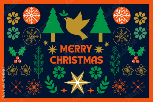  Merry Christmas Greeting Card – Festive Holiday Design with Snowflakes, Stars, Trees, Holly, and Dove Illustration