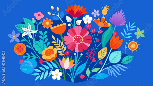 Vector art of a colorful floral arrangement on a deep blue background, showcasing a variety of flowers and foliage in a vibrant and artistic composition