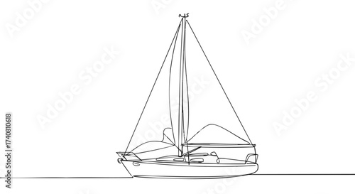 A continuous one-line drawing illustration showcasing a sleek sailboat with unfurled sails, symbolizing elegant travel, nautical exploration, and the serene beauty of the open sea
