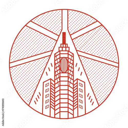A line style illustration showing trade centre