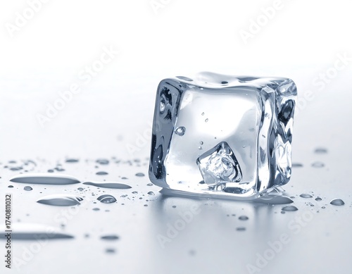 A single, glistening ice cube with water droplets on a reflective surface