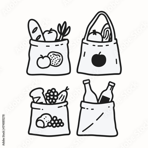 grocery shopping bag illustration, eco shopping bag with food, hand drawn tote bag groceries, reusable bag with fruits and vegetables, shopping bag line art vector