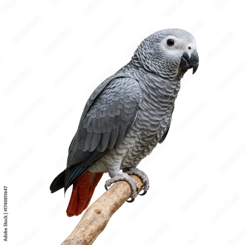 Fototapeta premium Gray Parrot Perched on Branch Isolated on White Background